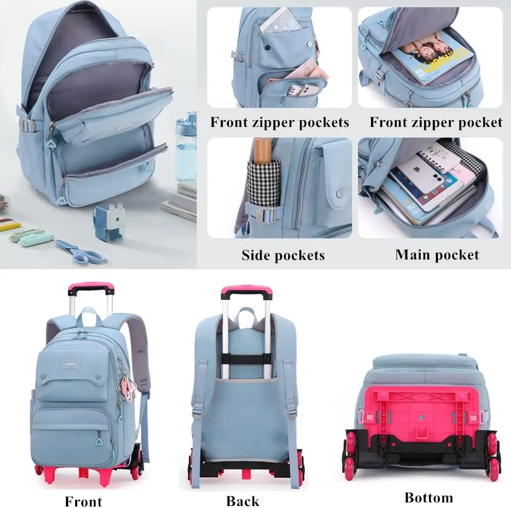 Solid Color Girls Rolling Backpack with Wheels Schoolbag Elementary School Student Trolley Daypack