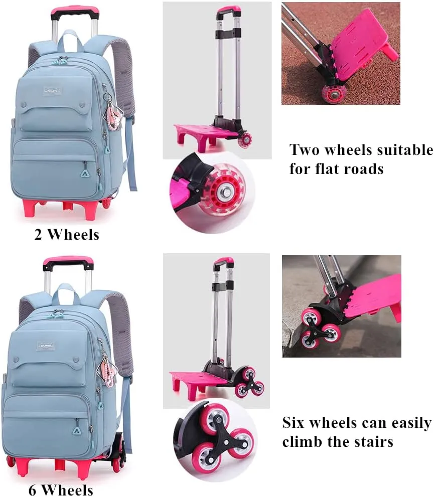 Solid Color Girls Rolling Backpack with Wheels Schoolbag Elementary School Student Trolley Daypack