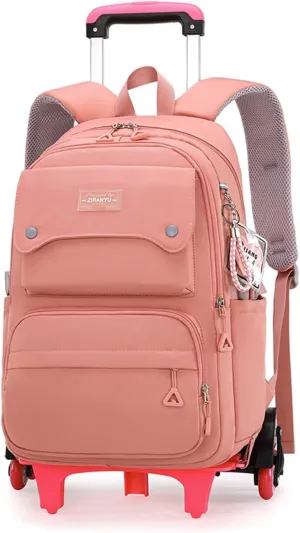 Solid Color Girls Rolling Backpack with Wheels Schoolbag Elementary School Student Trolley Daypack