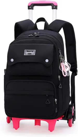 Solid Color Girls Rolling Backpack with Wheels Schoolbag Elementary School Student Trolley Daypack