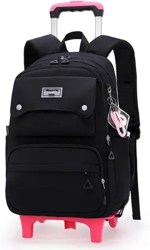 Solid Color Girls Rolling Backpack with Wheels Schoolbag Elementary School Student Trolley Daypack