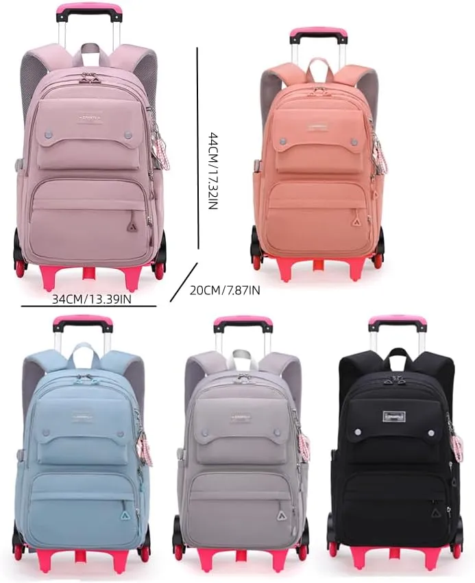 Solid Color Girls Rolling Backpack with Wheels Schoolbag Elementary School Student Trolley Daypack