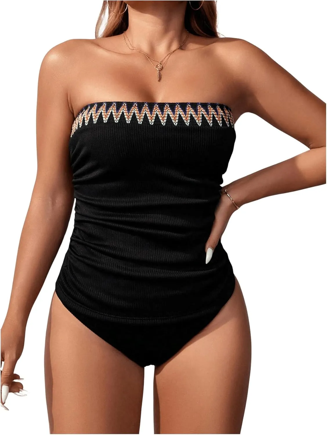 SOLY HUX Tankini Swimsuits for Women Chevron Print Bandeau Bikini Two Piece Bathing Suits