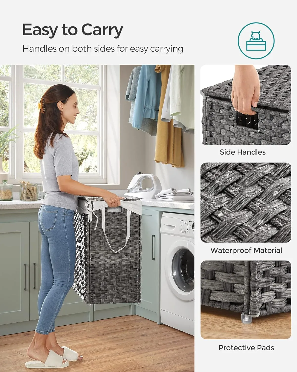 SONGMICS Laundry Hamper with Lid, 90L Clothes Hamper with 2 Removable Liner Bags, 6 Mesh Bags, Wicker Laundry Basket, Double Laundry Hamper for Bathroom, 13 x 18.1 x 23.6 Inches, Gray ULCB251G01V1