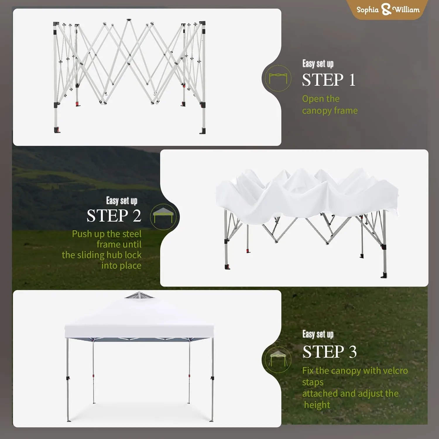 Sophia & William Canopy Tent Pop Up 10x10 ft, Outdoor Patio Portable Commercial Canopies Shelter Heavy Duty Straight Legs with Roller Bag, 8 Stakes, 4 Guy Ropes, UPF50 , White