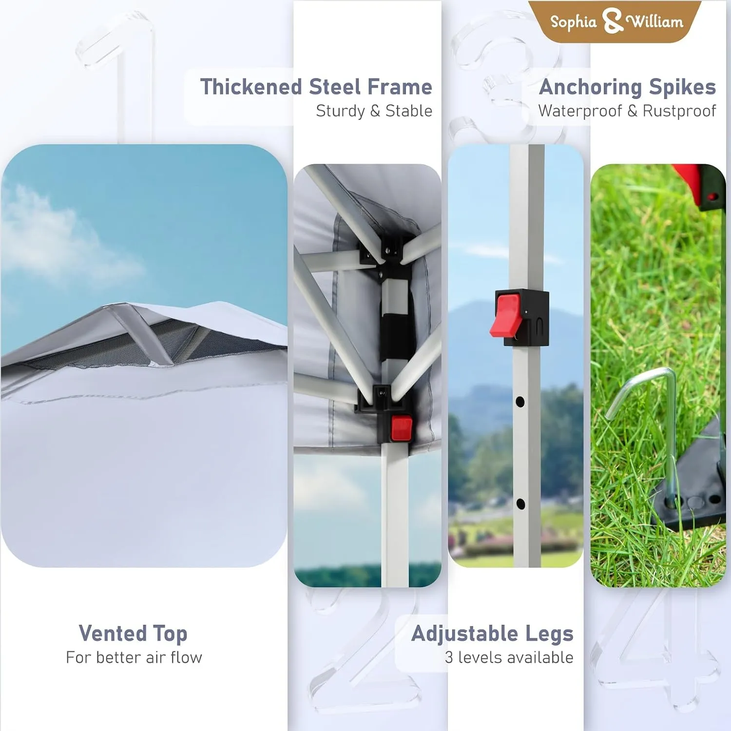 Sophia & William Canopy Tent Pop Up 10x10 ft, Outdoor Patio Portable Commercial Canopies Shelter Heavy Duty Straight Legs with Roller Bag, 8 Stakes, 4 Guy Ropes, UPF50 , White