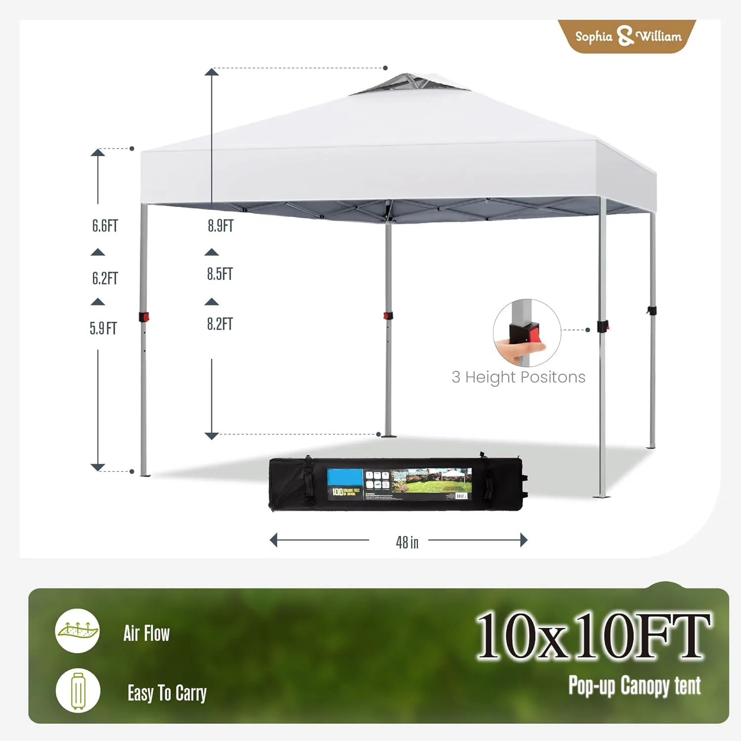 Sophia & William Canopy Tent Pop Up 10x10 ft, Outdoor Patio Portable Commercial Canopies Shelter Heavy Duty Straight Legs with Roller Bag, 8 Stakes, 4 Guy Ropes, UPF50 , White