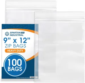 Spartan Industrial - 9” X 12” (100 Count) 4 Mil Thick Clear Reclosable Zip Plastic Poly Bags with Resealable Lock Seal Zipper - Heavy Duty and Durable