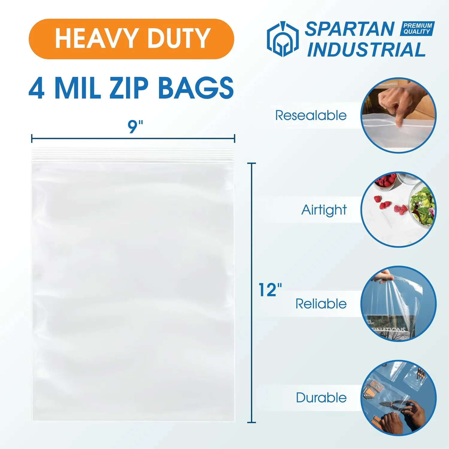 Spartan Industrial - 9” X 12” (100 Count) 4 Mil Thick Clear Reclosable Zip Plastic Poly Bags with Resealable Lock Seal Zipper - Heavy Duty and Durable