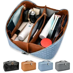 stona Travel Makeup Bag for Women, Large Capacity PU Leather Waterproof Checkered Cosmetic Bags, Portable Pouch Open Flat Toiletry Bag, Make up Organizer with Divider and Handle, Light Blue
