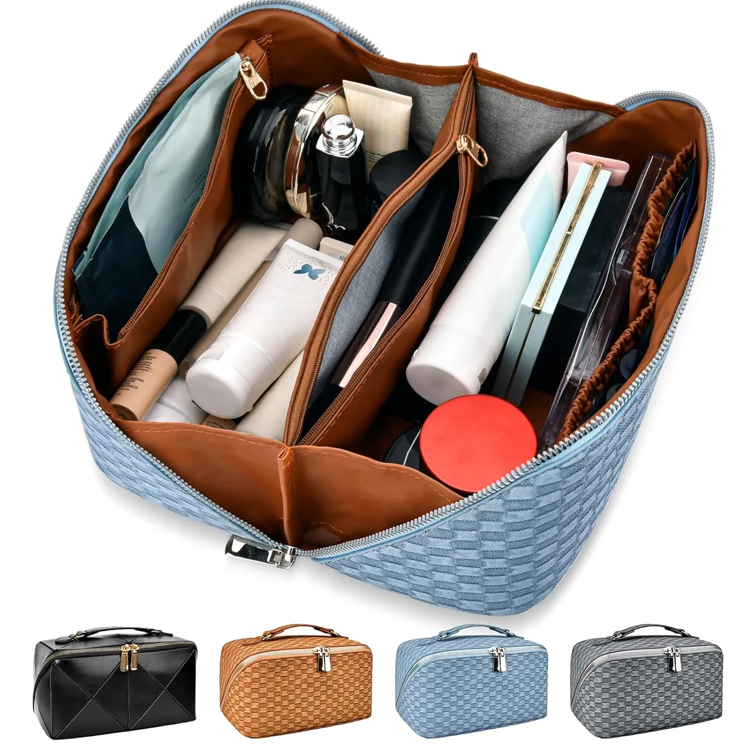 stona Travel Makeup Bag for Women, Large Capacity PU Leather Waterproof Checkered Cosmetic Bags, Portable Pouch Open Flat Toiletry Bag, Make up Organizer with Divider and Handle, Light Blue