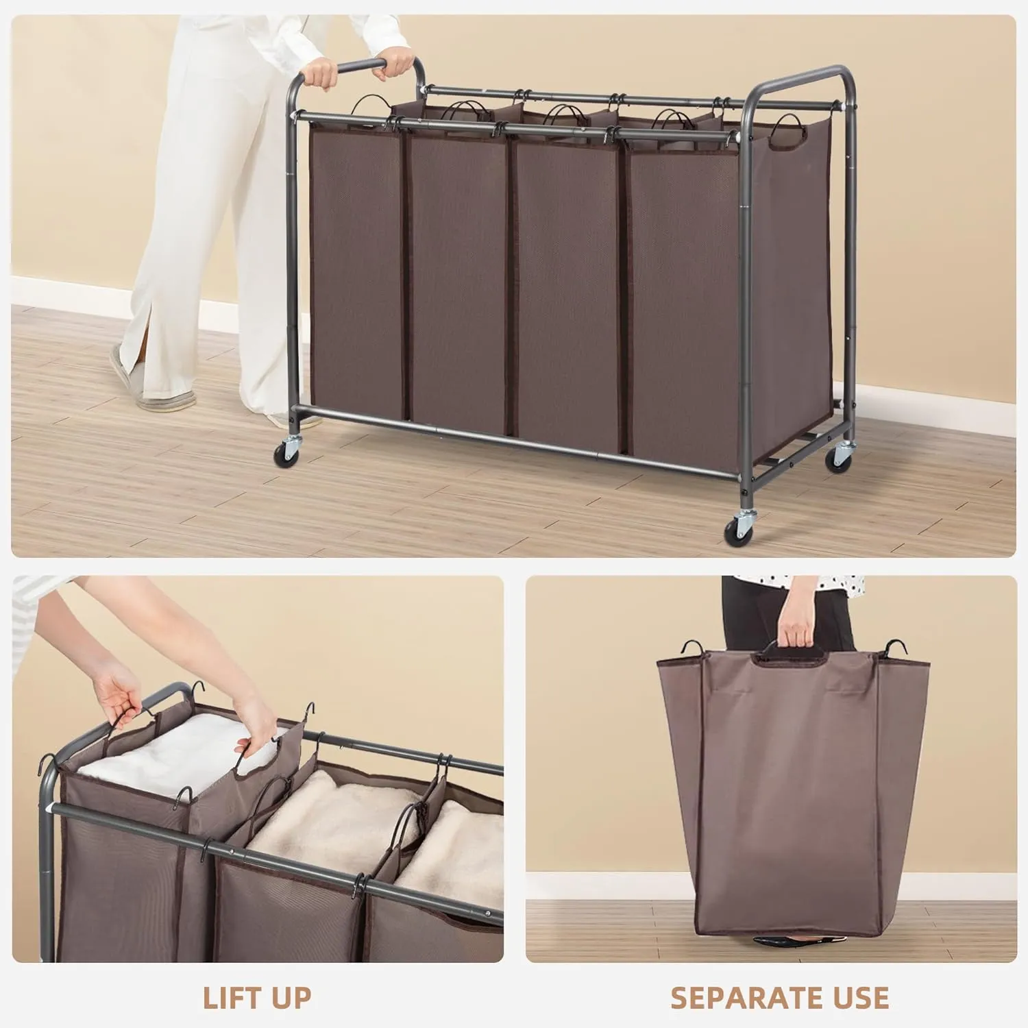 STORAGE MANIAC Laundry Sorter, 4 Section, Laundry Hamper with Wheels, Eco-friendly, Portable, Removable, Waterproof, Brown