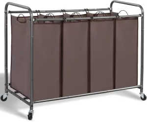 STORAGE MANIAC Laundry Sorter, 4 Section, Laundry Hamper with Wheels, Eco-friendly, Portable, Removable, Waterproof, Brown