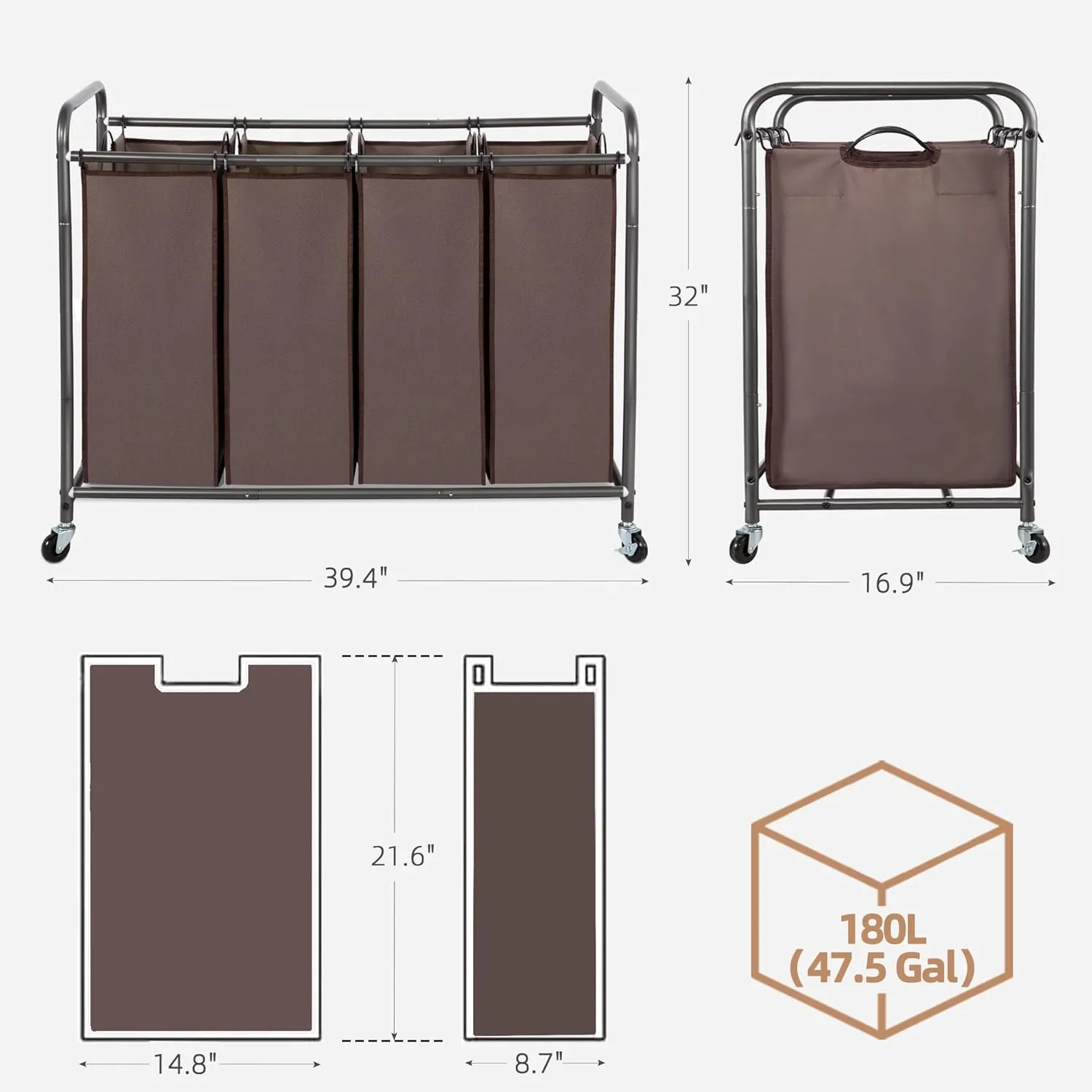 STORAGE MANIAC Laundry Sorter, 4 Section, Laundry Hamper with Wheels, Eco-friendly, Portable, Removable, Waterproof, Brown