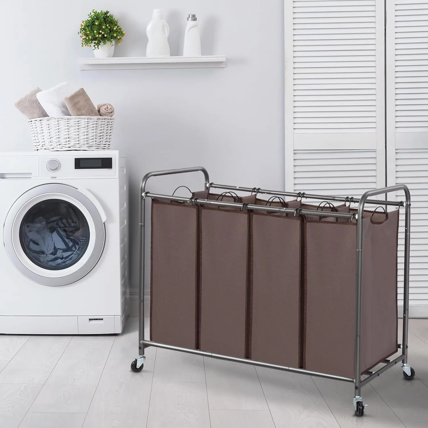 STORAGE MANIAC Laundry Sorter, 4 Section, Laundry Hamper with Wheels, Eco-friendly, Portable, Removable, Waterproof, Brown