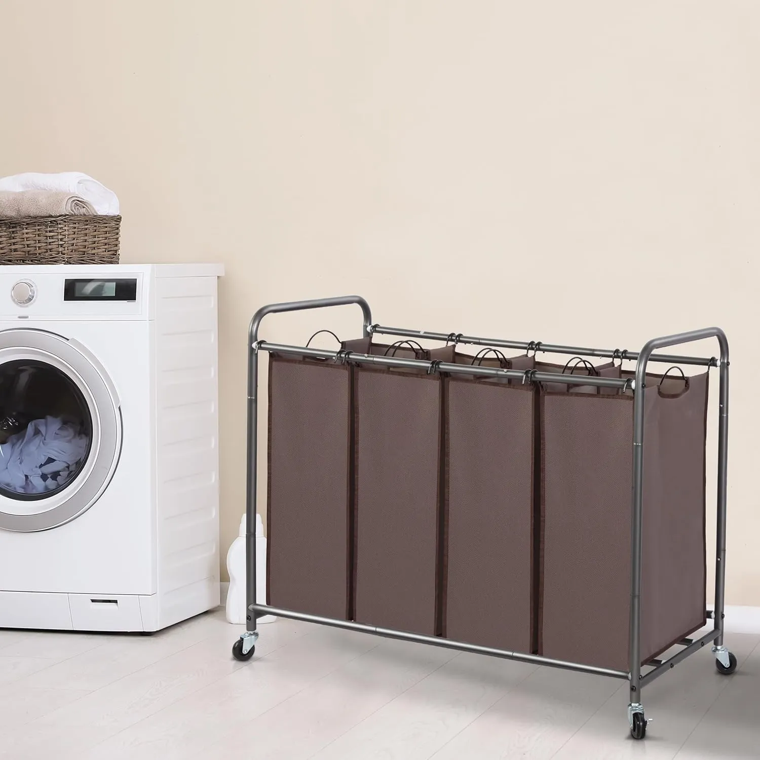 STORAGE MANIAC Laundry Sorter, 4 Section, Laundry Hamper with Wheels, Eco-friendly, Portable, Removable, Waterproof, Brown