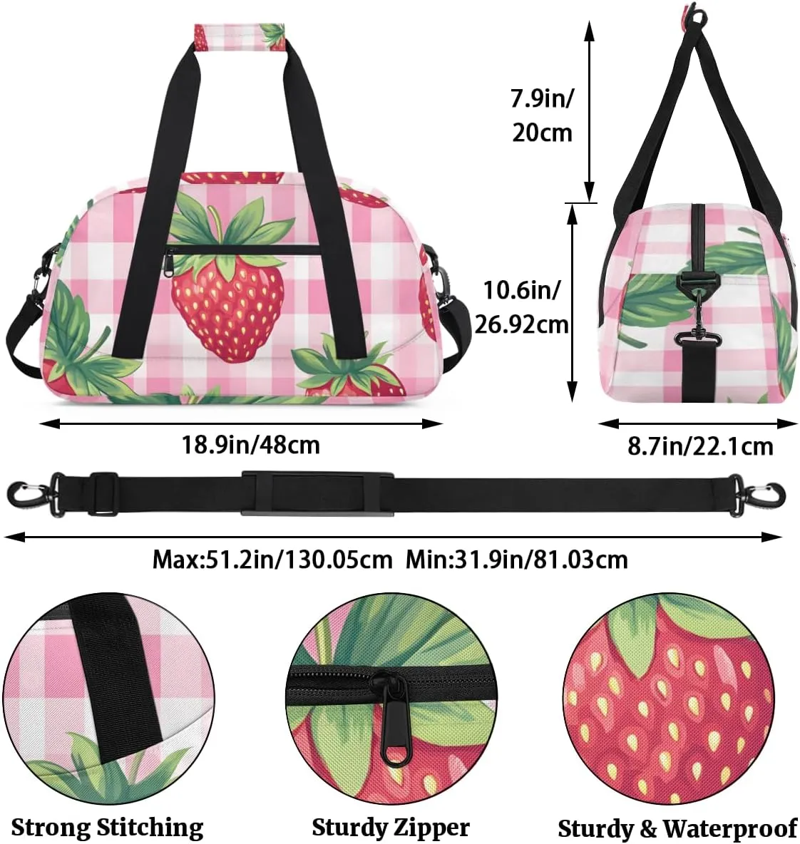 Strawberry checkered Boys Girls Gym Bag Dance Perform Training Duffel Bags Weekender Carry-On Tote Luggage Bag Ideal for School Practice or Overnight Trips Checkered