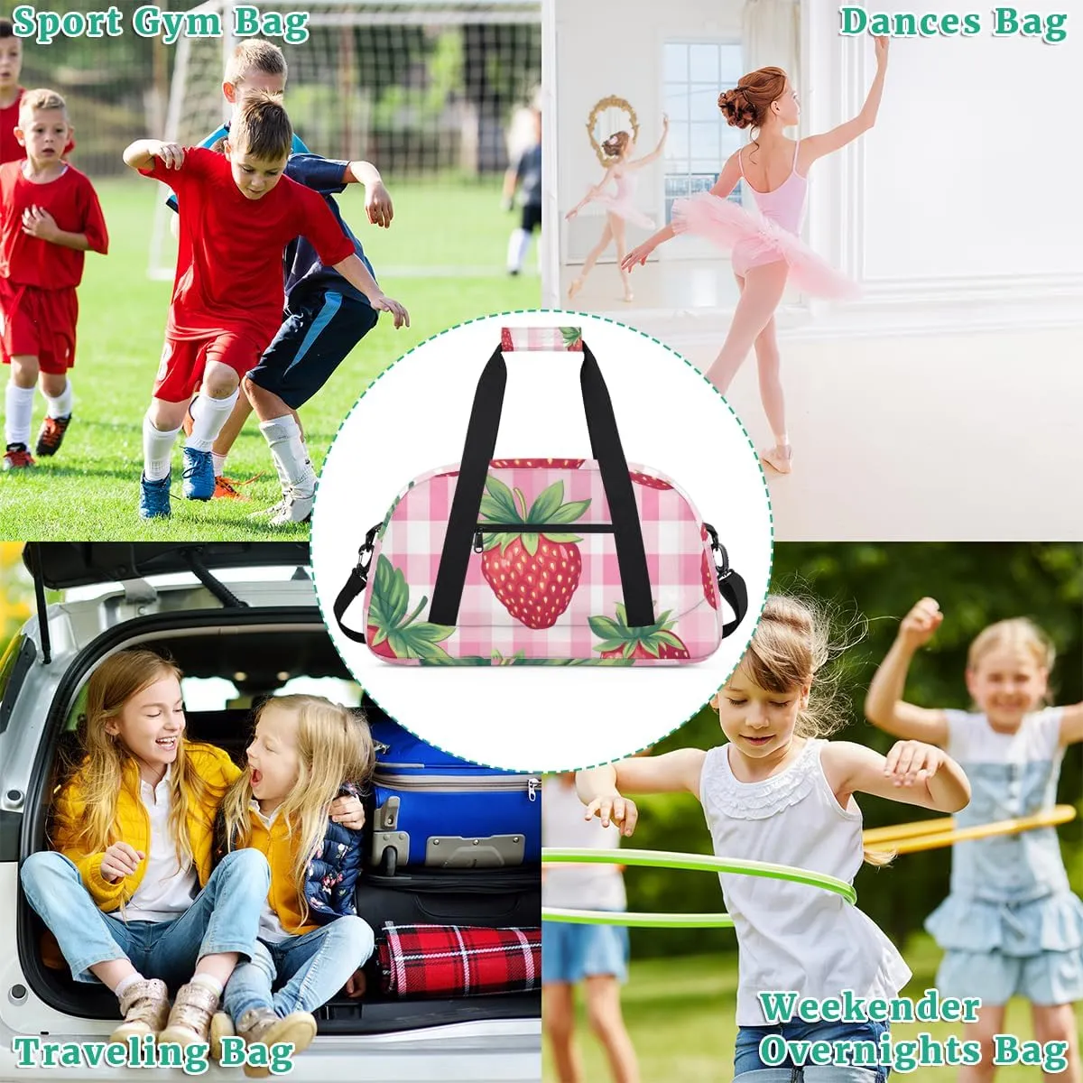 Strawberry checkered Boys Girls Gym Bag Dance Perform Training Duffel Bags Weekender Carry-On Tote Luggage Bag Ideal for School Practice or Overnight Trips Checkered