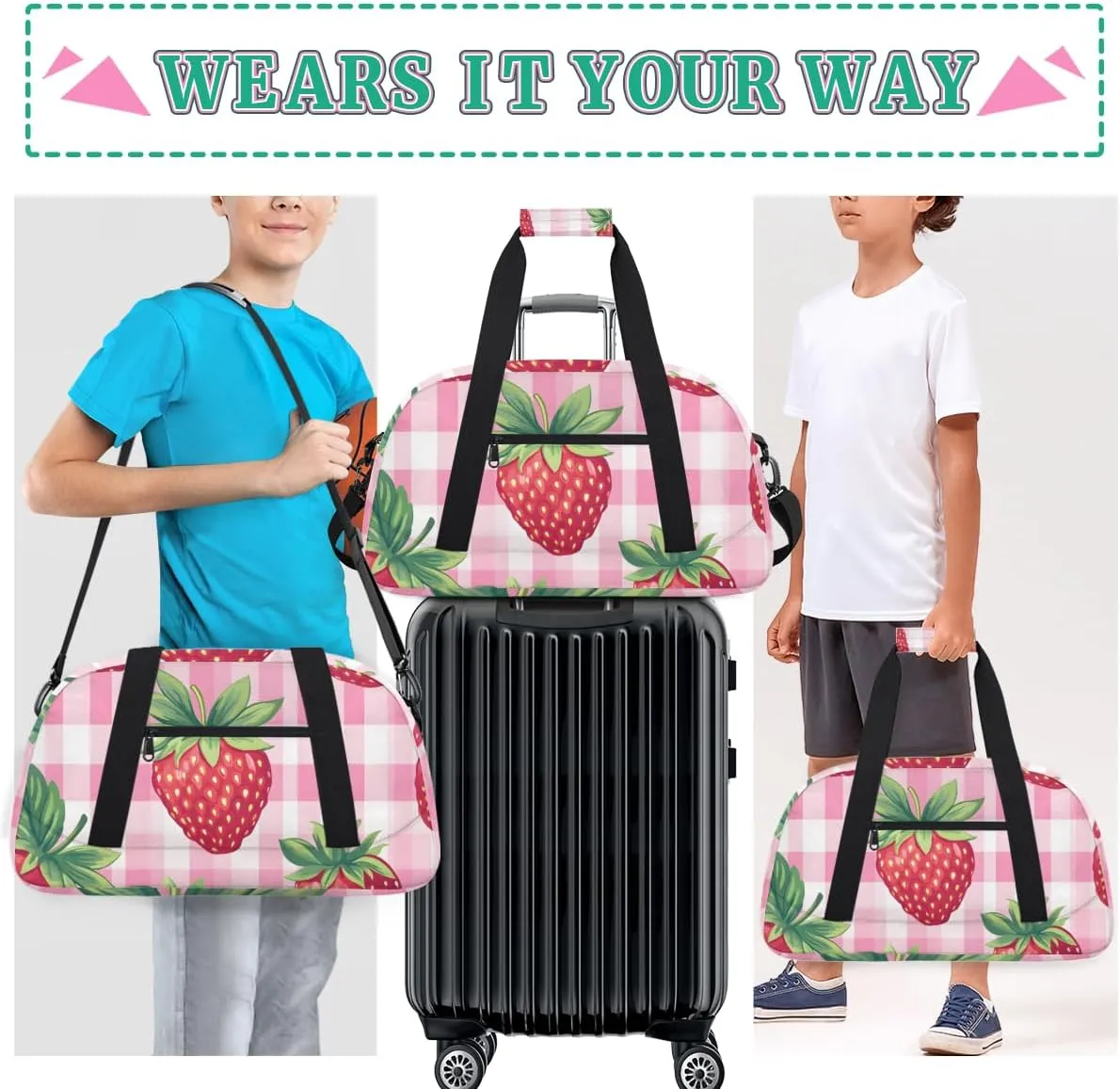 Strawberry checkered Boys Girls Gym Bag Dance Perform Training Duffel Bags Weekender Carry-On Tote Luggage Bag Ideal for School Practice or Overnight Trips Checkered