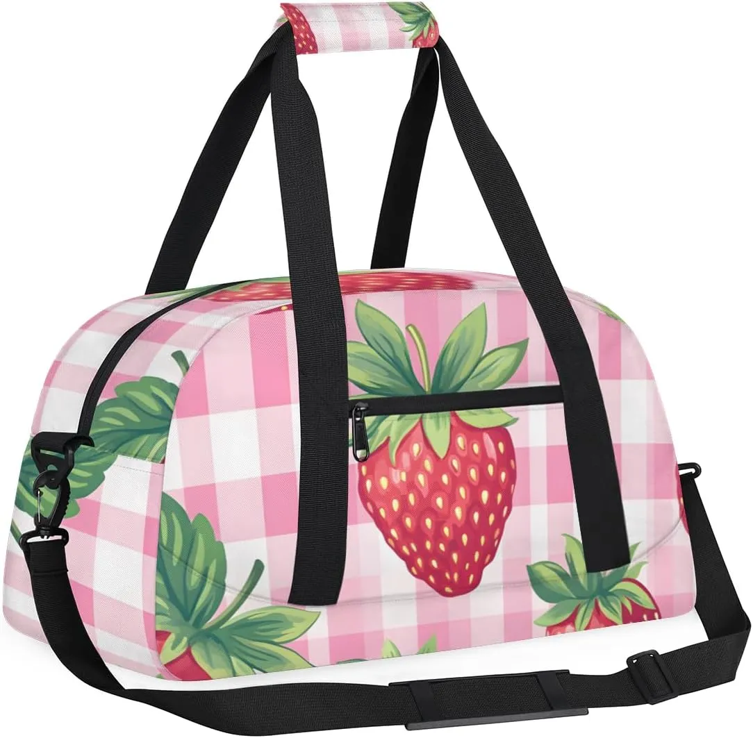 Strawberry checkered Boys Girls Gym Bag Dance Perform Training Duffel Bags Weekender Carry-On Tote Luggage Bag Ideal for School Practice or Overnight Trips Checkered