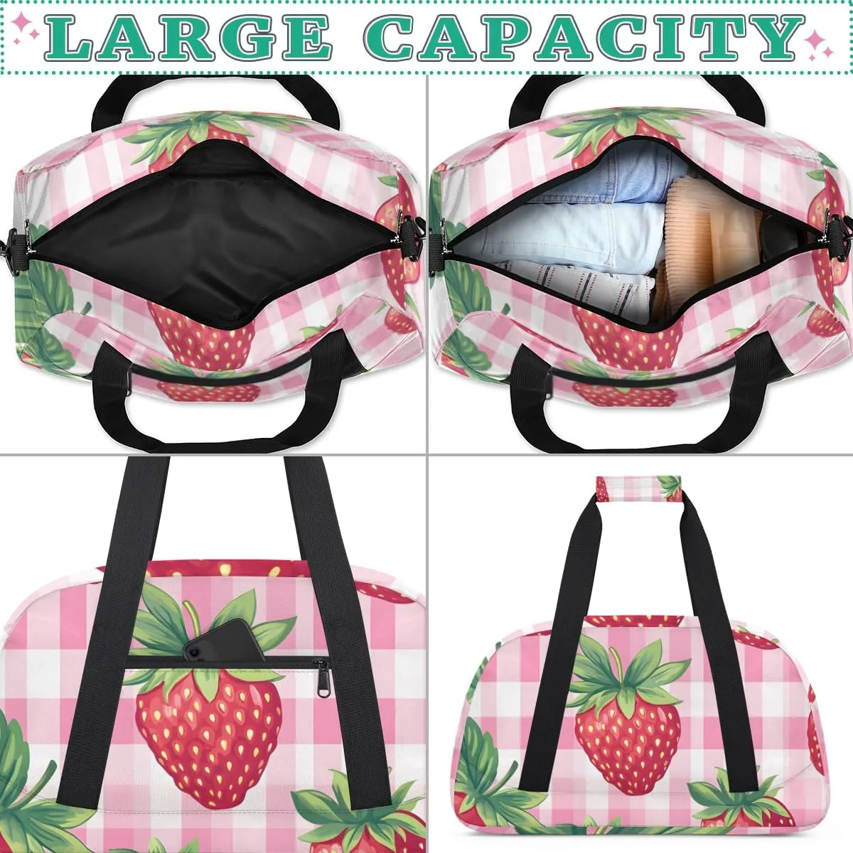 Strawberry checkered Boys Girls Gym Bag Dance Perform Training Duffel Bags Weekender Carry-On Tote Luggage Bag Ideal for School Practice or Overnight Trips Checkered