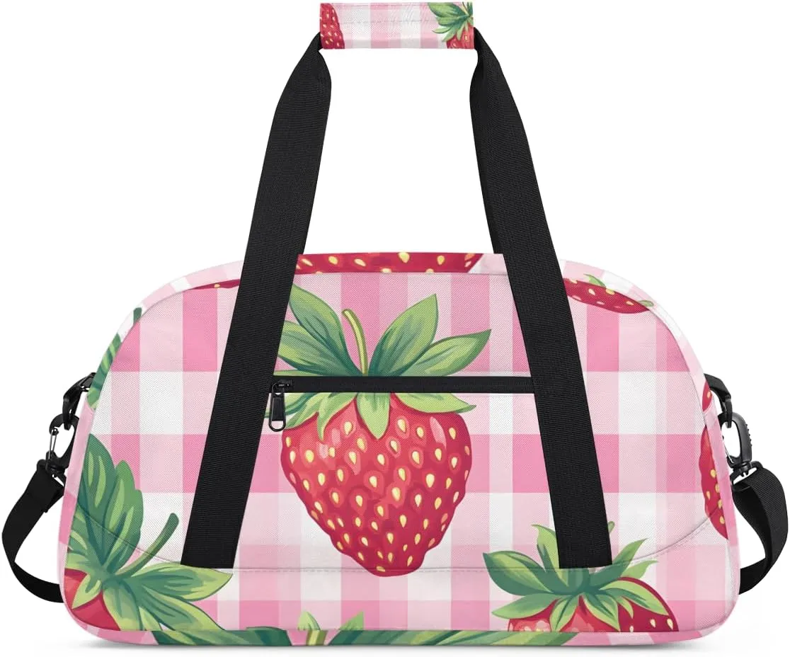 Strawberry checkered Boys Girls Gym Bag Dance Perform Training Duffel Bags Weekender Carry-On Tote Luggage Bag Ideal for School Practice or Overnight Trips Checkered