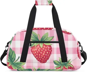Strawberry checkered Boys Girls Gym Bag Dance Perform Training Duffel Bags Weekender Carry-On Tote Luggage Bag Ideal for School Practice or Overnight Trips Checkered