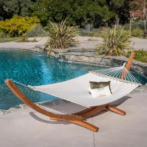 Stylish and Durable Outdoor Hammock with Curved Wooden Frame, Quick-Drying Cotton Fabric, Cream Finish