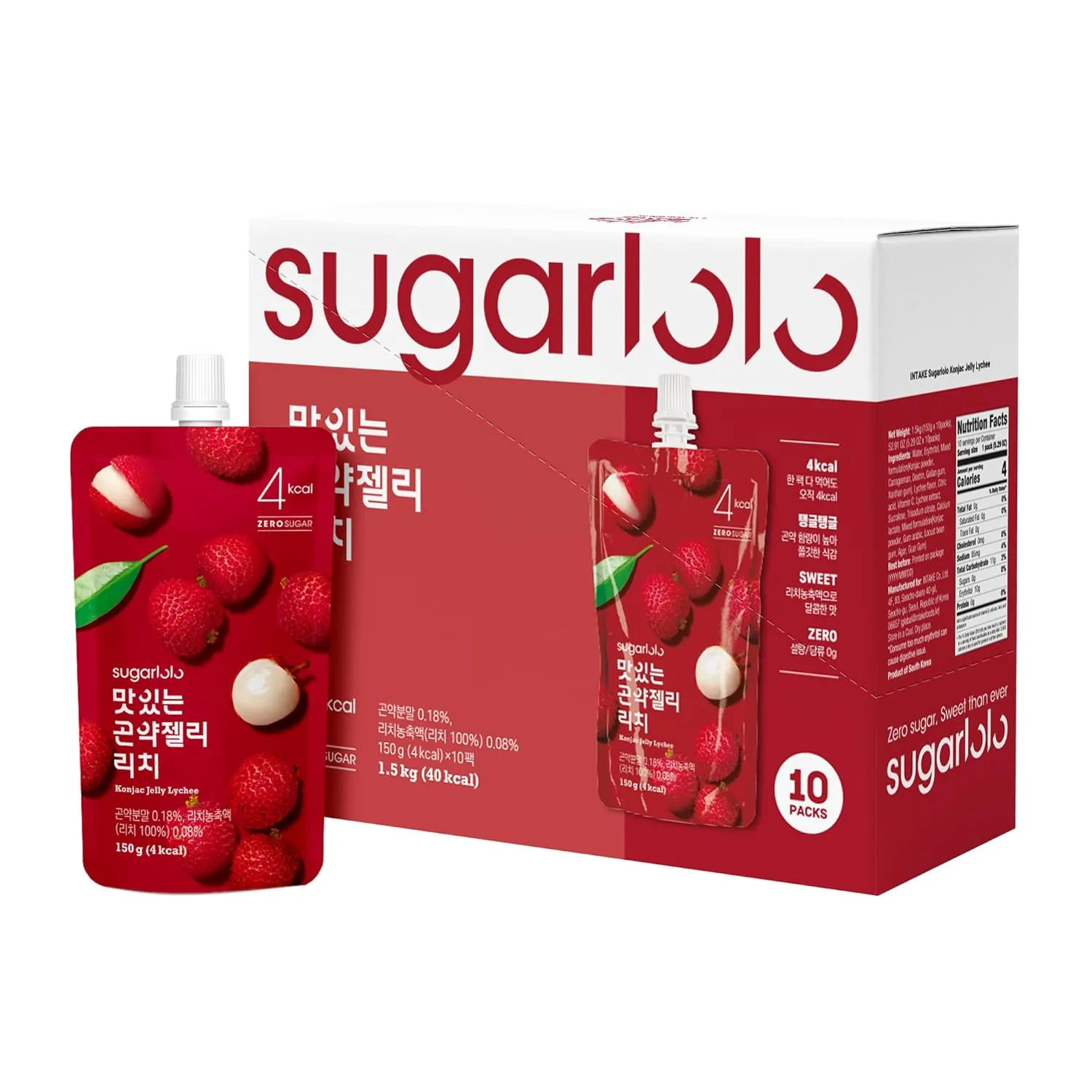 Sugarlolo Konjac Sweet Lychee Jelly Snack - Vegan Jello with Zero Sugar | Only 4 Calories per Pouch | Low Calorie Korean Snacks5.29 Oz (150g) | 10 Pack