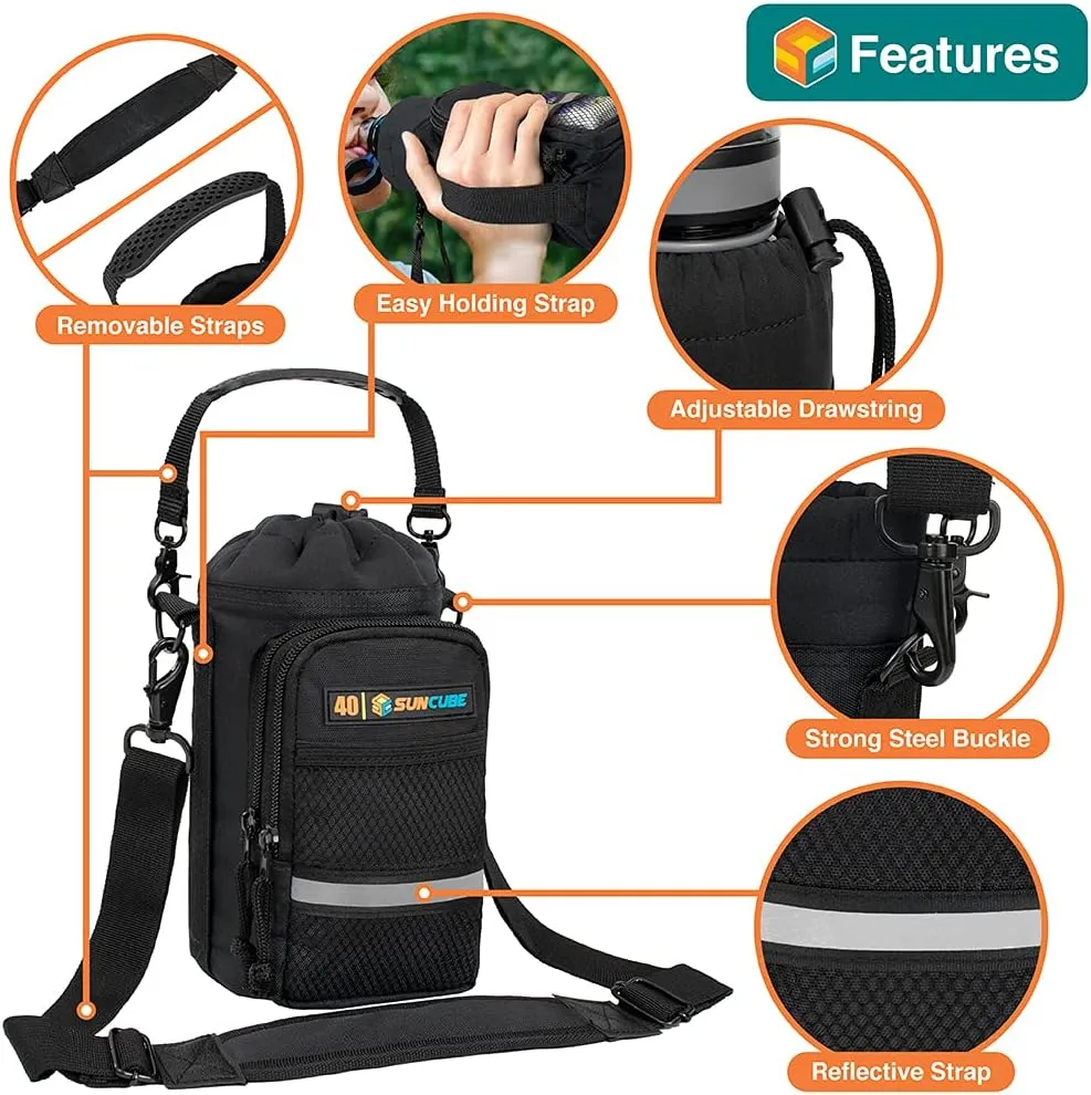 SUN CUBE Water Bottle Carrier with Strap, Insulated Water Bottle Carrier Bag with Phone Pocket Pouch, Sleeve Sling Purse Crossbody Bottle Holder for Walking, Sports, Hiking Accessories 40/64 oz