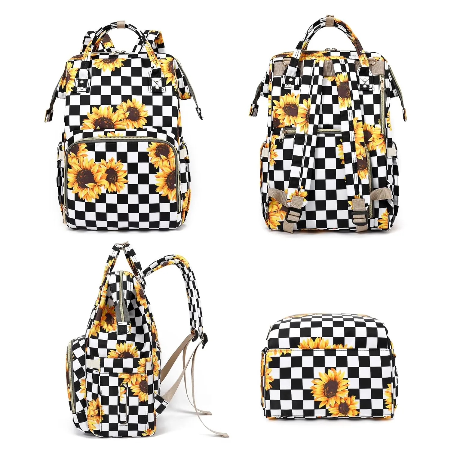 Sunflower Checkered Diaper Bag Backpack for Baby Girls, Mom Waterproof Large Nappy Bags for Women