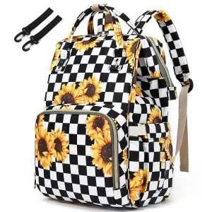 Sunflower Checkered Diaper Bag Backpack for Baby Girls, Mom Waterproof Large Nappy Bags for Women