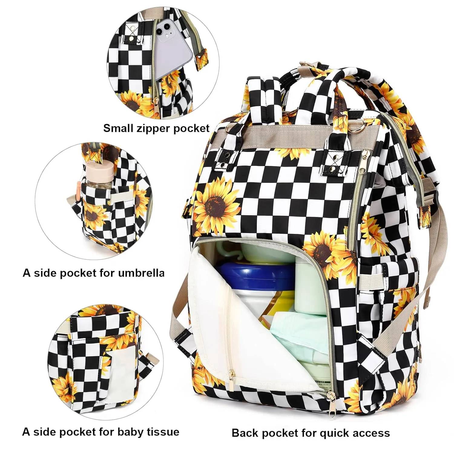 Sunflower Checkered Diaper Bag Backpack for Baby Girls, Mom Waterproof Large Nappy Bags for Women