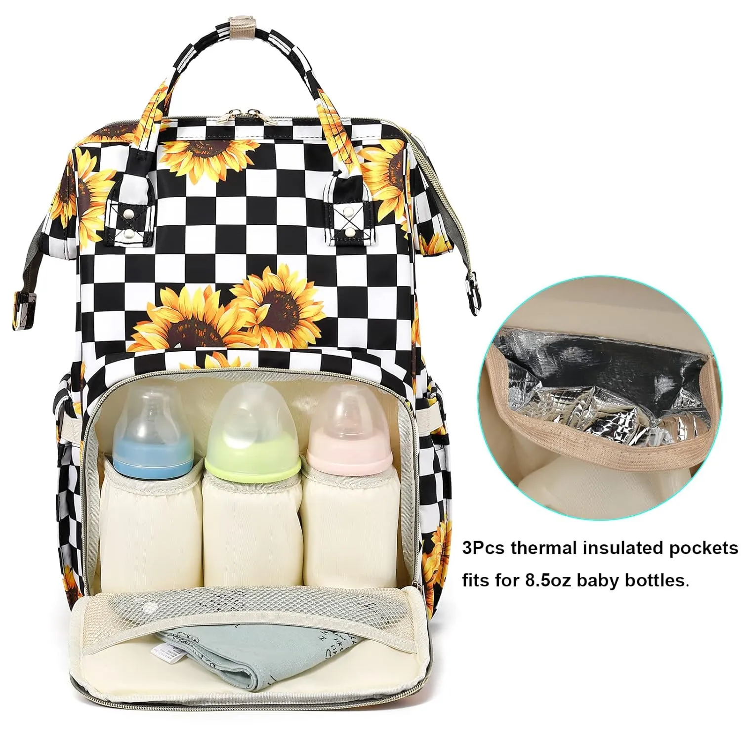 Sunflower Checkered Diaper Bag Backpack for Baby Girls, Mom Waterproof Large Nappy Bags for Women