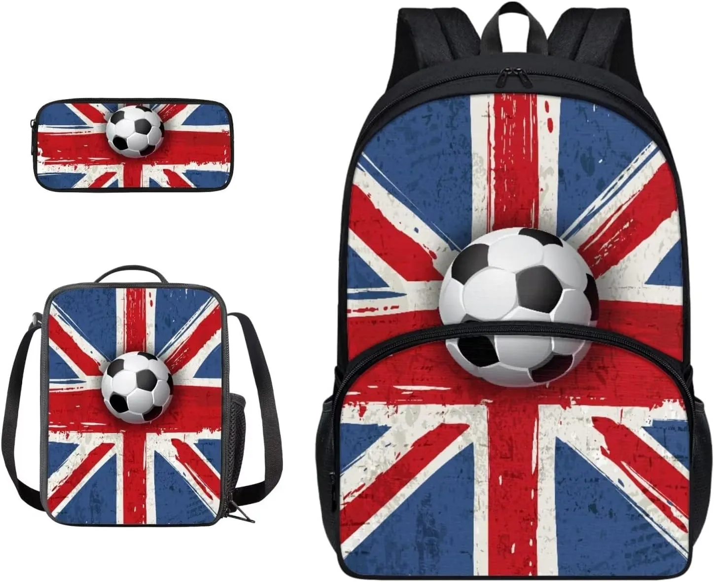 Suobstales Soccer Britain Flag Print Backpack for Kids Boys School Backpack Set for Teens Messenger Shoulder Bag Insulated Lunch Bag Pencil Case, Pack of 3