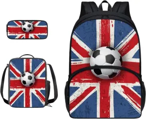Suobstales Soccer Britain Flag Print Backpack for Kids Boys School Backpack Set for Teens Messenger Shoulder Bag Insulated Lunch Bag Pencil Case, Pack of 3