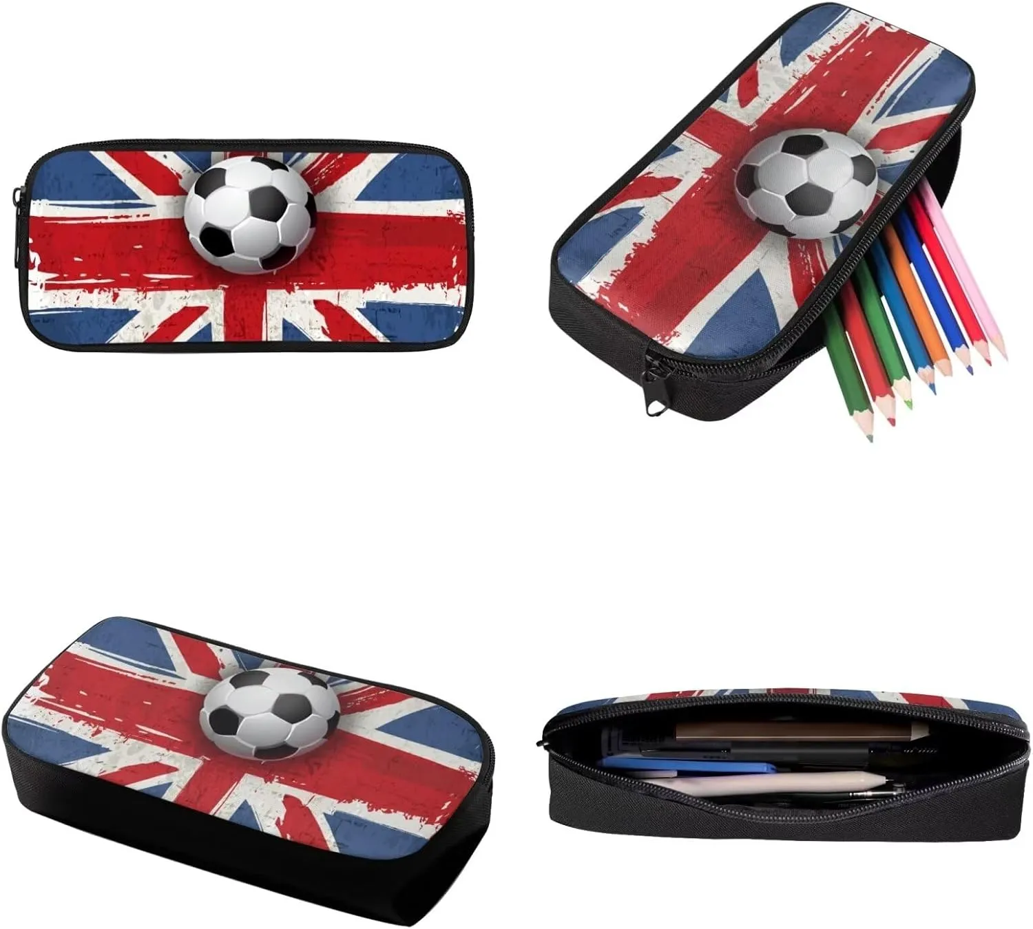 Suobstales Soccer Britain Flag Print Backpack for Kids Boys School Backpack Set for Teens Messenger Shoulder Bag Insulated Lunch Bag Pencil Case, Pack of 3