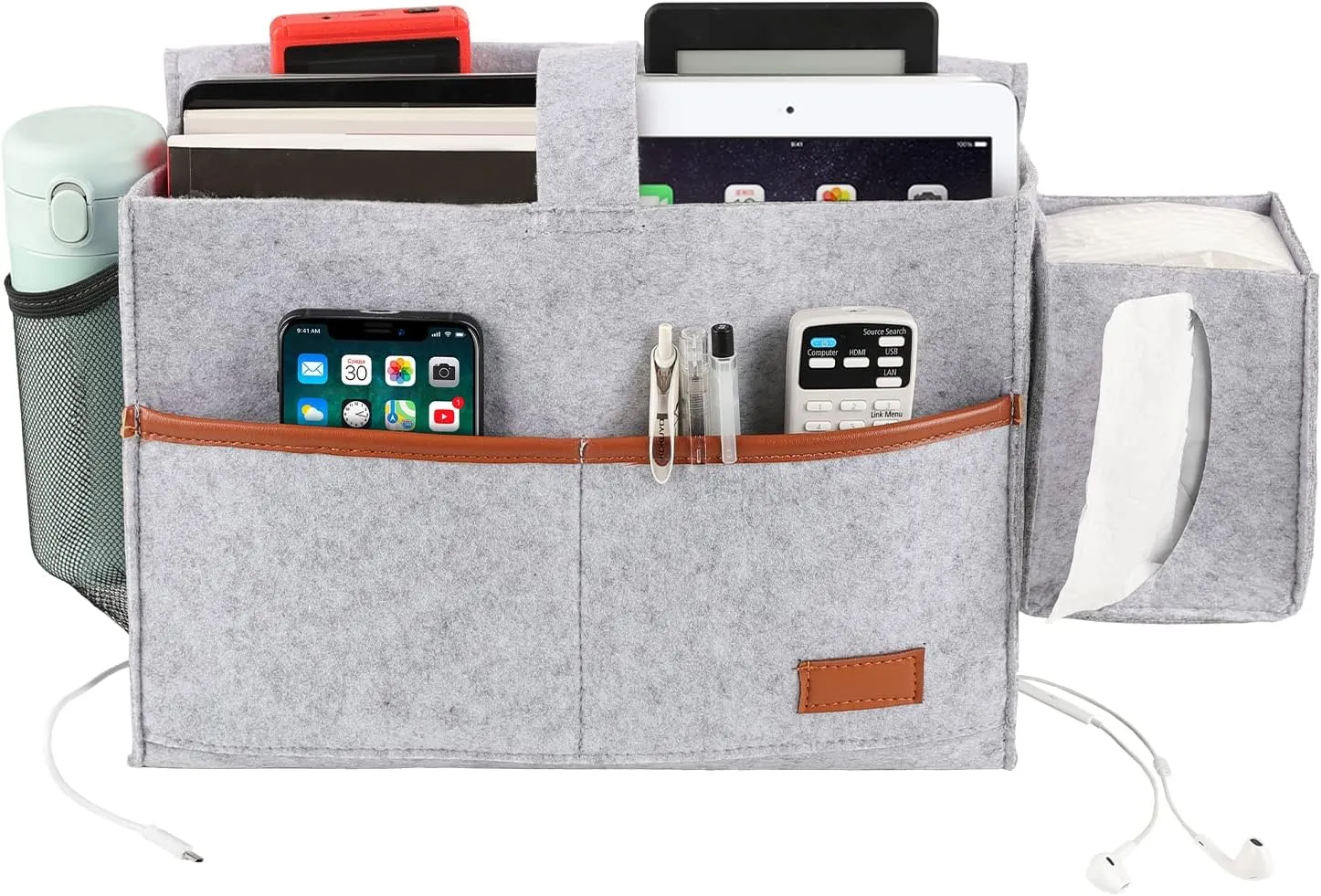 Surblue Bedside Caddy Felt Bed Storage Organizer Hanging Bag with Tissue Box and Water Bottle Pocket for Mattress, Sofa, Bunk Bed, Light Gray