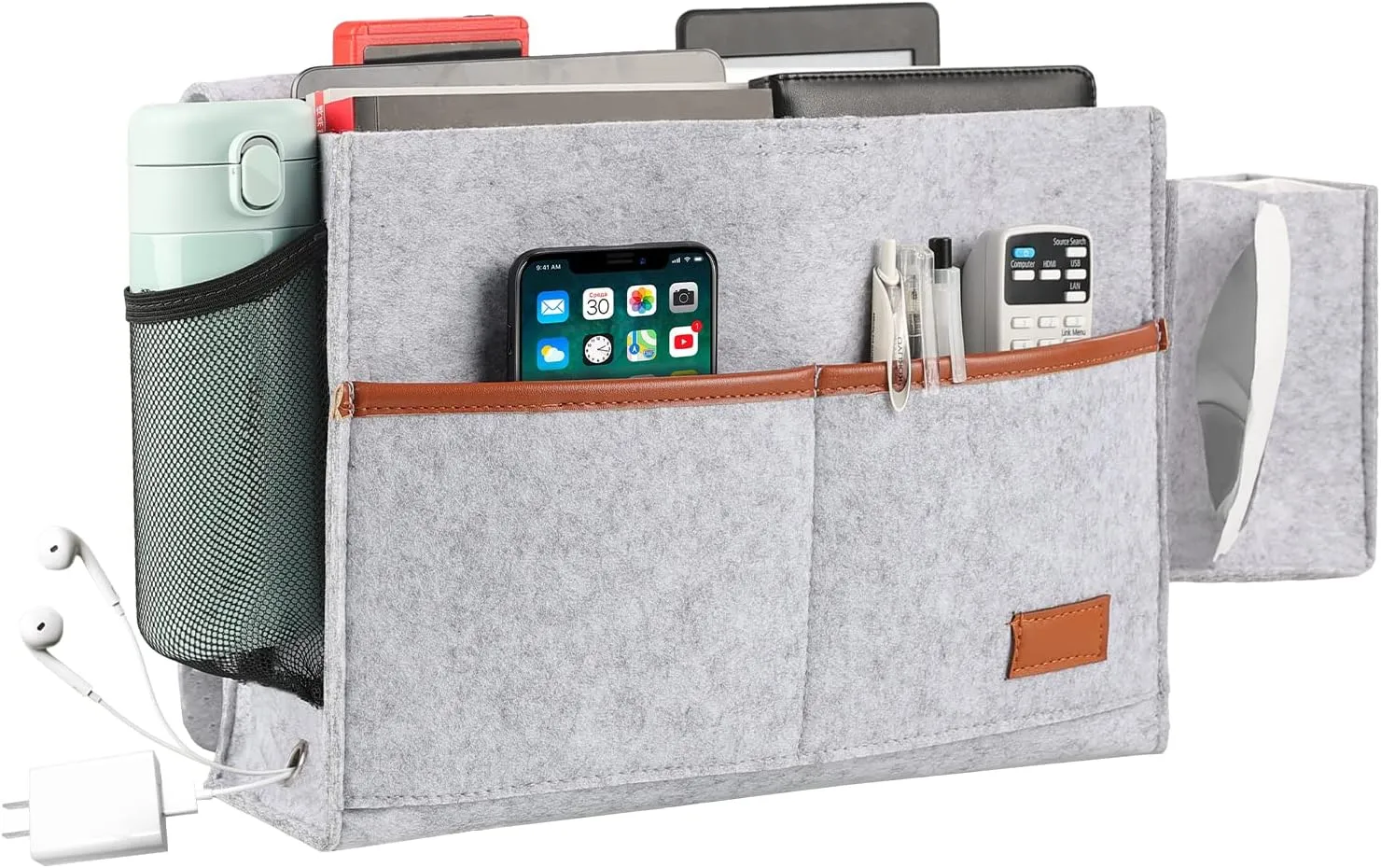 Surblue Bedside Caddy Felt Bed Storage Organizer Hanging Bag with Tissue Box and Water Bottle Pocket for Mattress, Sofa, Bunk Bed, Light Gray