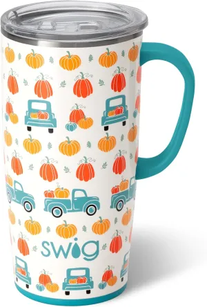 Swig Life 22oz Travel Mug, Insulated Tumbler with Handle and Lid, Cup Holder Friendly, Dishwasher Safe, Stainless Steel, Travel Coffee Cup, Insulated Mug with Lid (Pumpkin Patch)