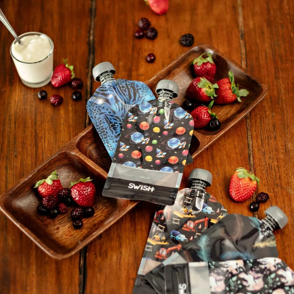 Swish Reusable Food Pouches 140ml Blue Animal Print - 2 Pack