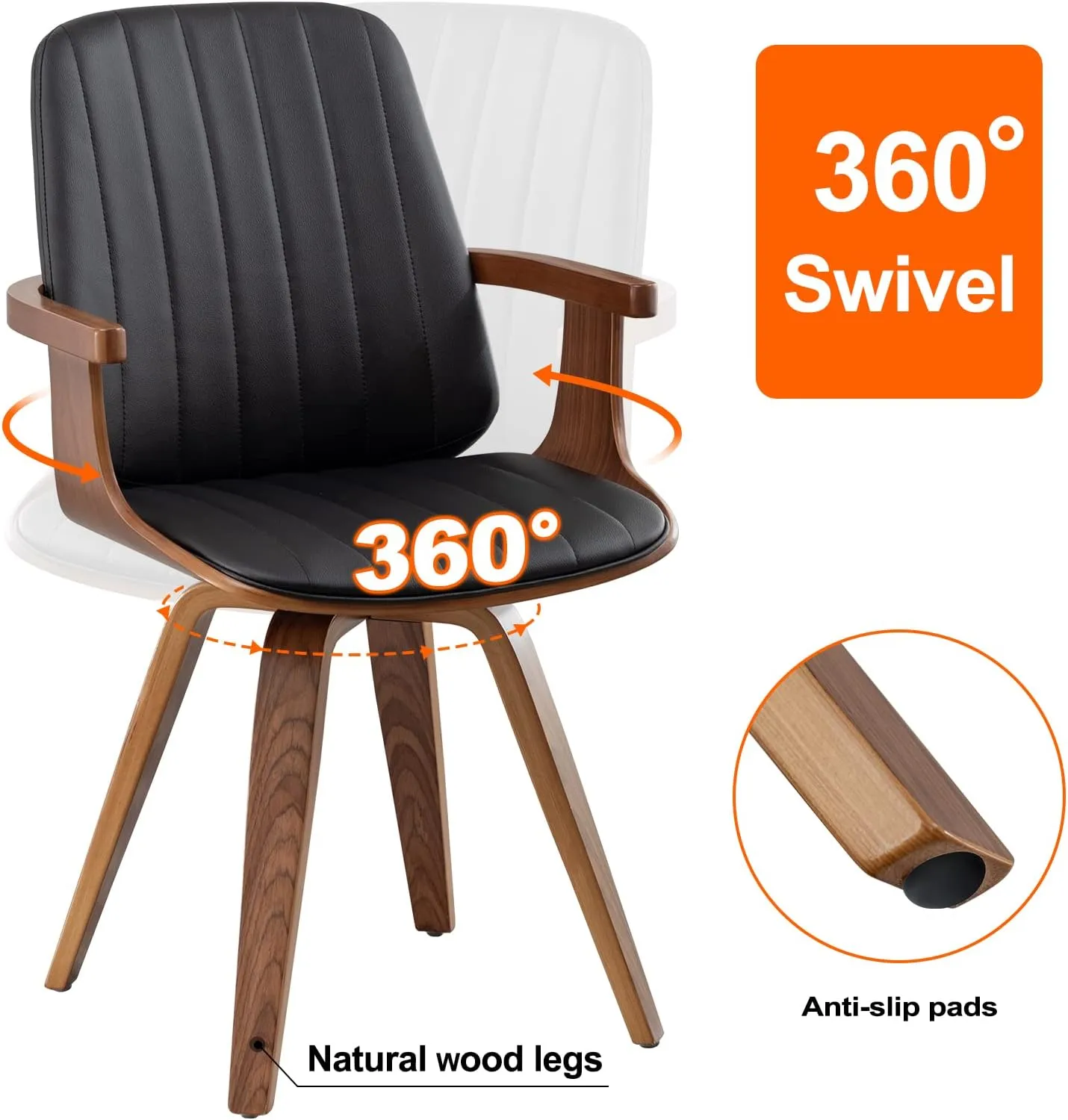 Swivel Dining Chairs, Set of 2 Kitchen Swivel Chairs with Walnut Craftsmanship, Upholstered Faux Leather, Wooden Arms and Legs, Walnut Dining Chairs for Kitchen/Living Room (Black, Swiv)