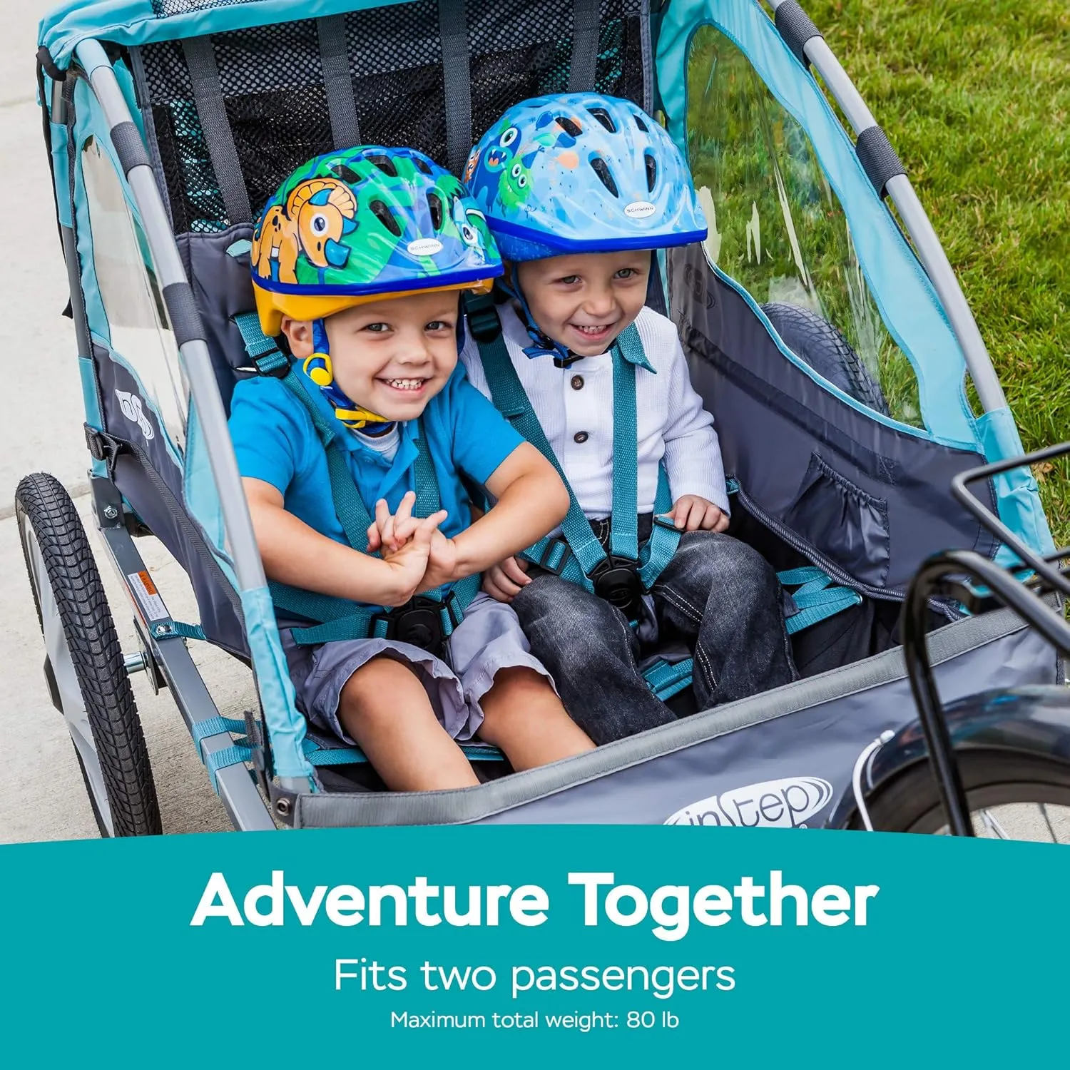 Sync and Take 2 Bike Trailer for Kids, Single and Double Seat Options, 5-Point Harness, Folding Frame, Quick Release Wheels, Easy Storage, With Bug Screen & Weather Shield, Bike Attachment
