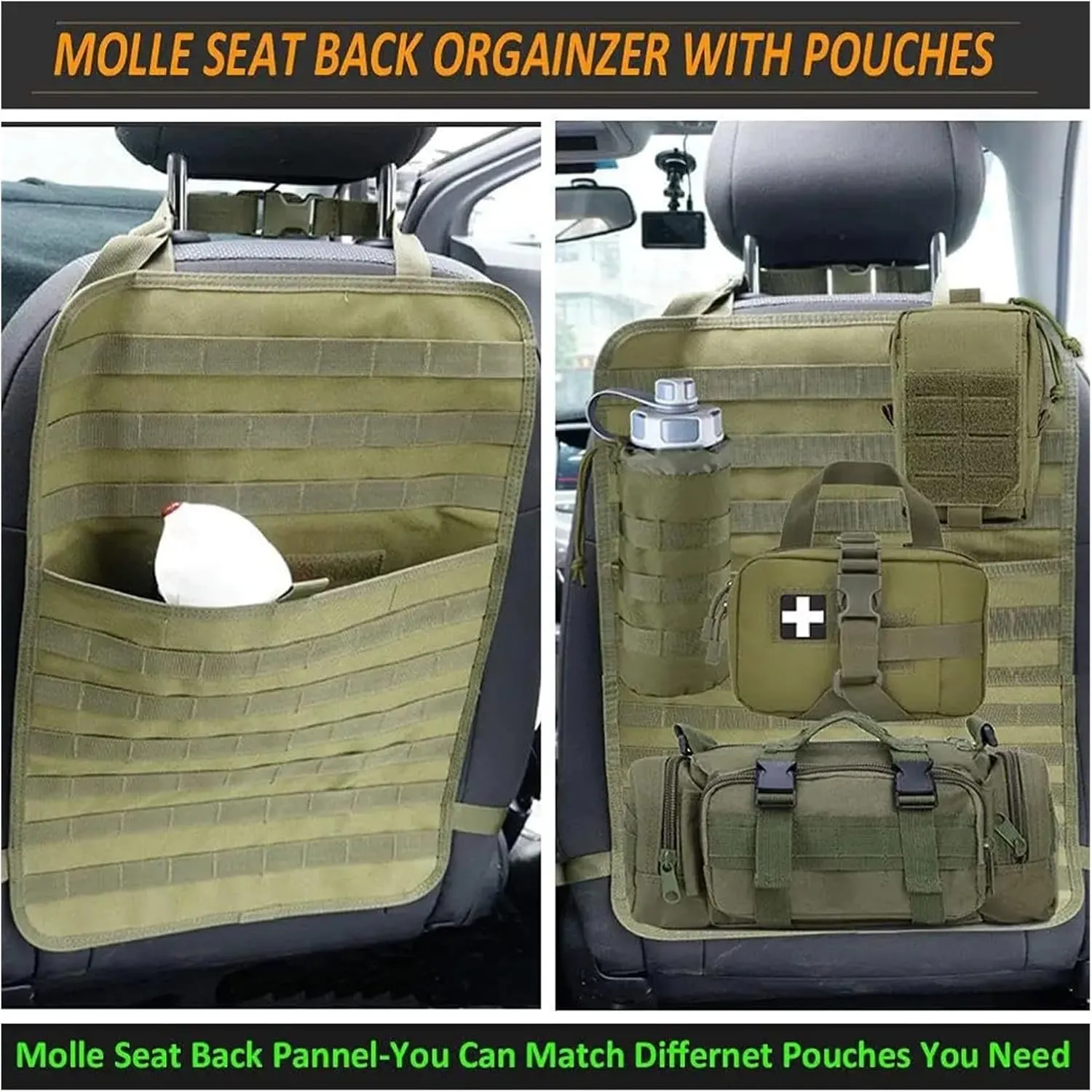 Tactical Car Seat Back Organizer Tactical Vehicle Panel Organizer with 5 Detachable Molle Pouches Universal Fits Most of Vehicle Car Storage Back of Seat Car Organizer(Black Suit)