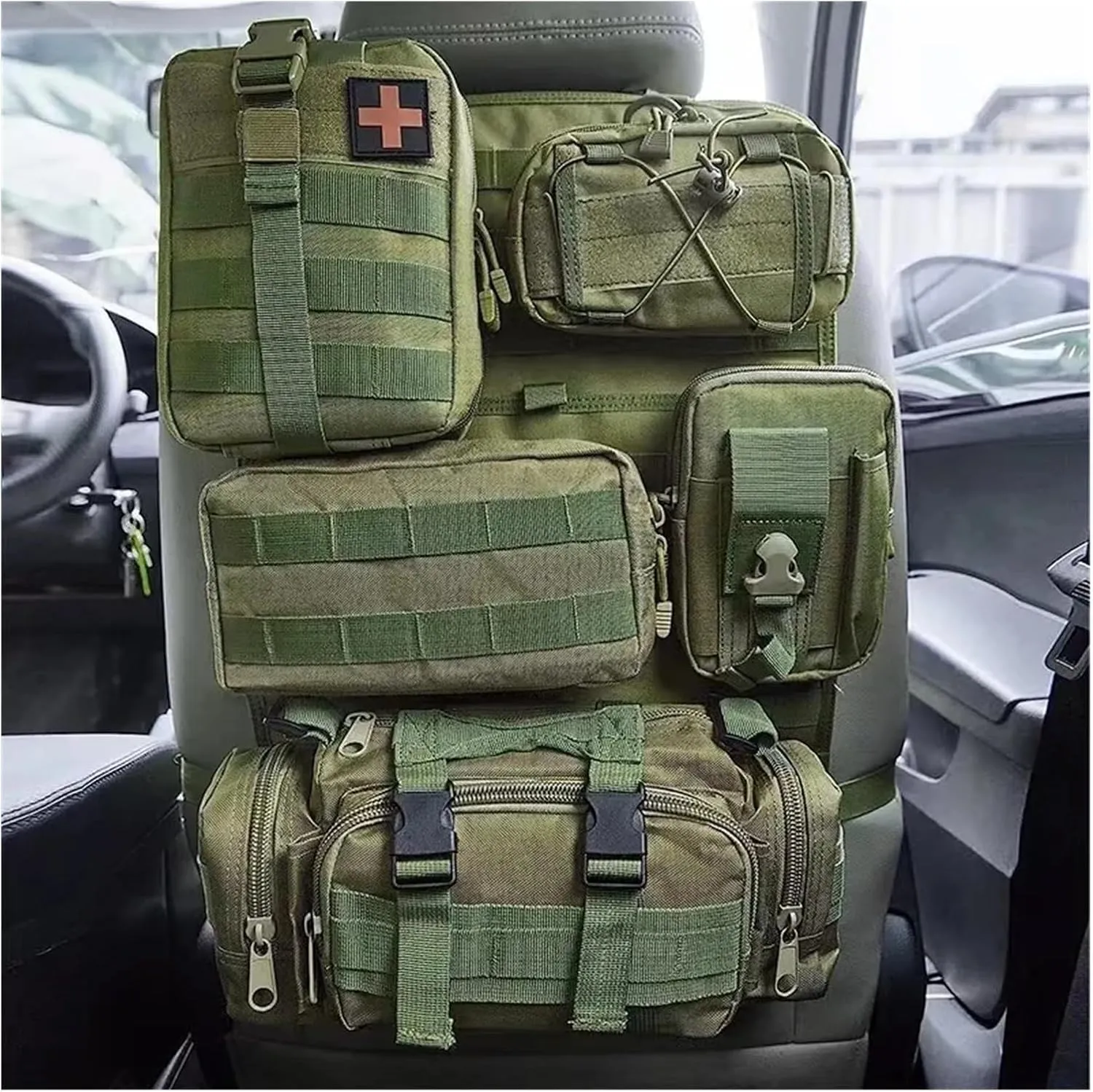 Tactical Car Seat Back Organizer Tactical Vehicle Panel Organizer with 5 Detachable Molle Pouches Universal Fits Most of Vehicle Car Storage Back of Seat Car Organizer(Black Suit)