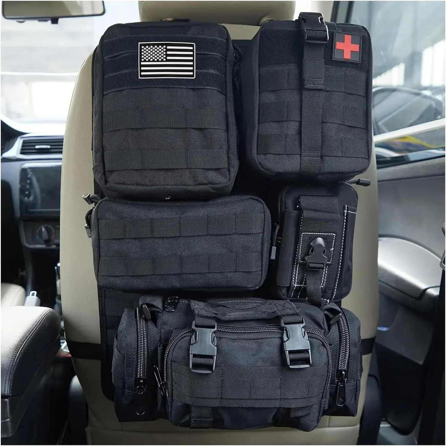 Tactical Car Seat Back Organizer Tactical Vehicle Panel Organizer with 5 Detachable Molle Pouches Universal Fits Most of Vehicle Car Storage Back of Seat Car Organizer(Black Suit)