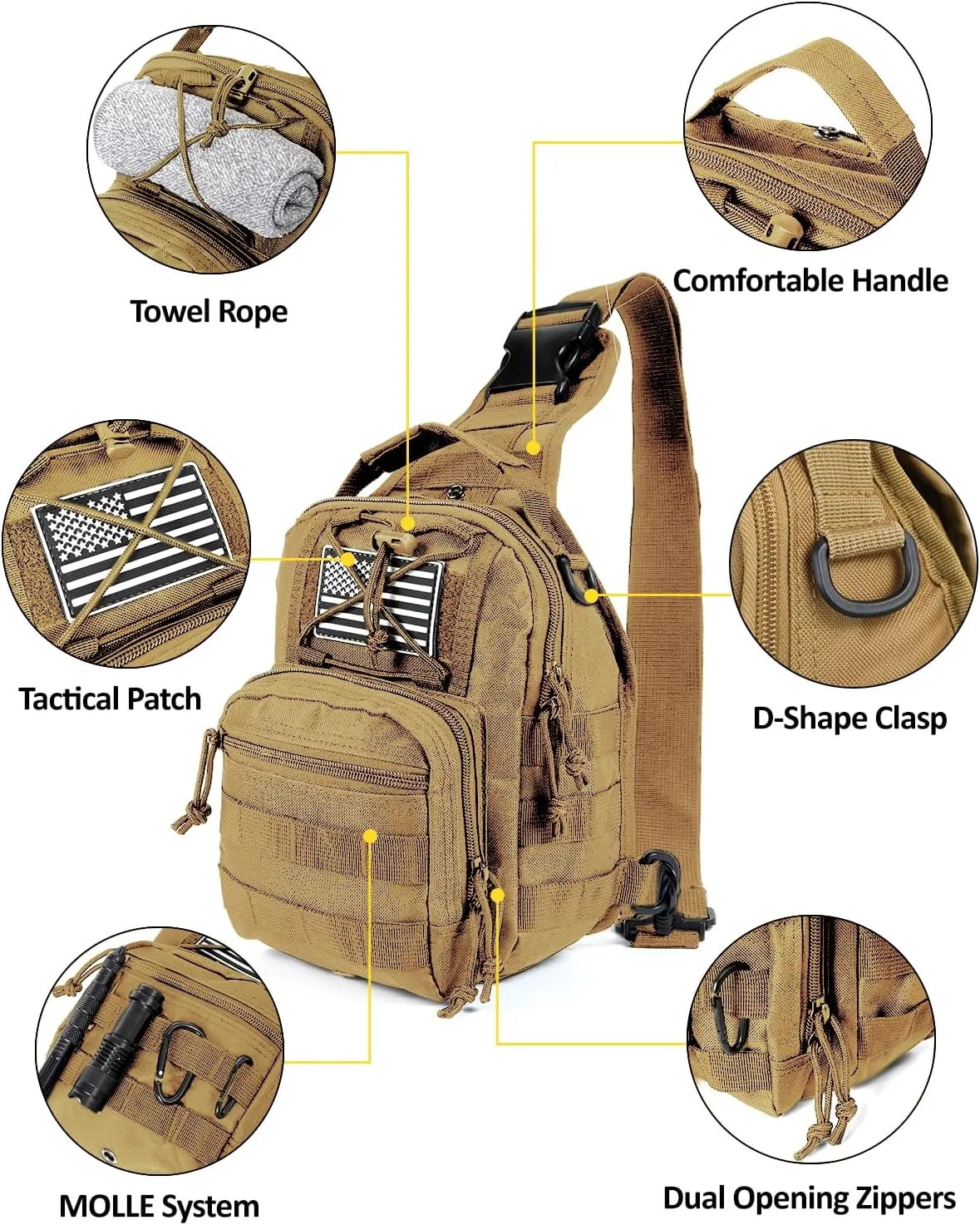 Tactical Sling Bag for Men, Crossbody Military Chest Bag, EDC Range Gear Single Shoulder Backpack for Hunting, Trekking, Fishing, Camping, Cycling, and Traveling (Khaki)