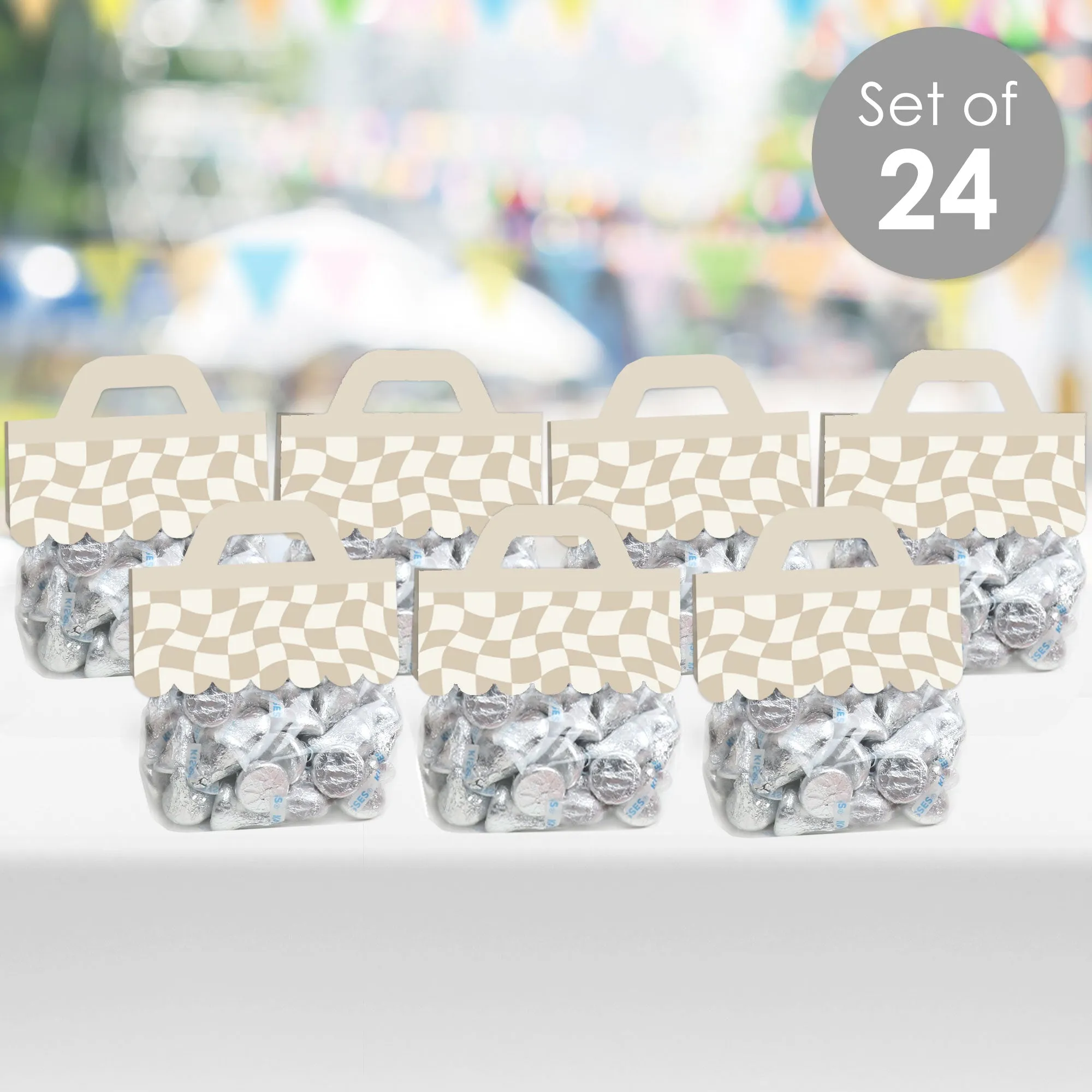Tan Checkered Party - DIY Clear Goodie Favor Bag Labels - Candy Bags with Toppers - Set of 24