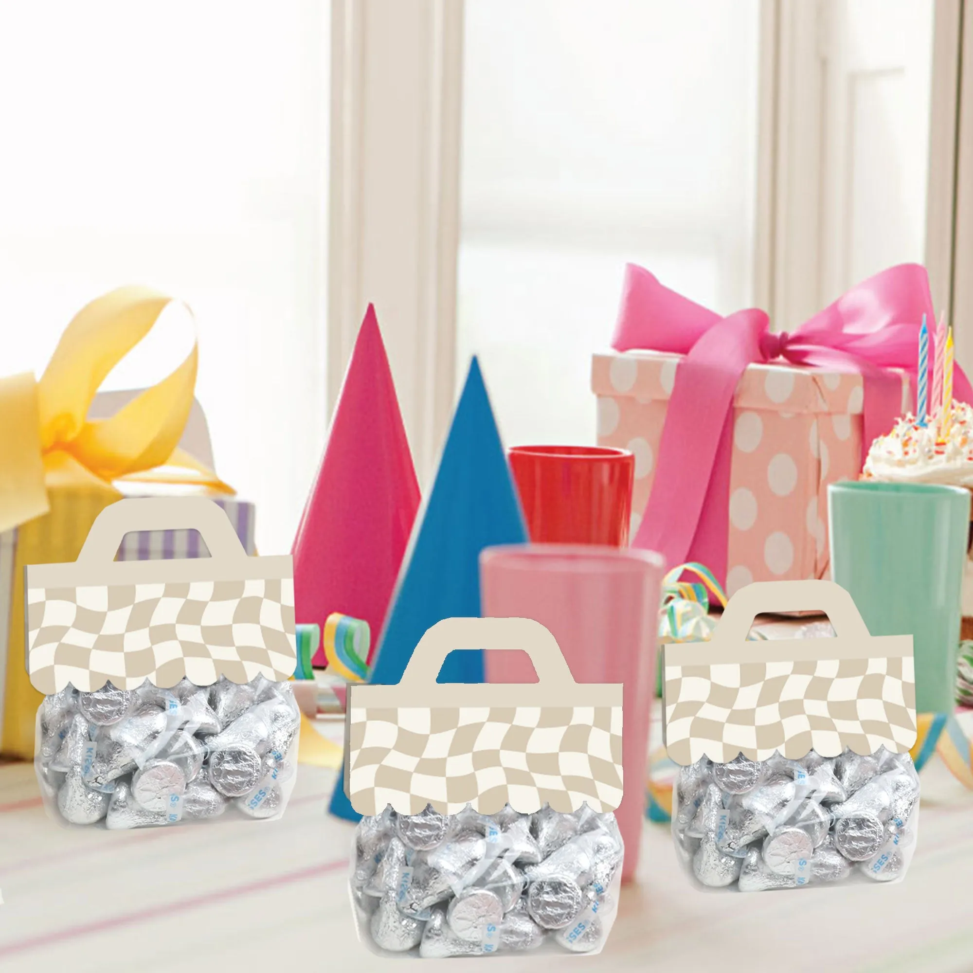 Tan Checkered Party - DIY Clear Goodie Favor Bag Labels - Candy Bags with Toppers - Set of 24