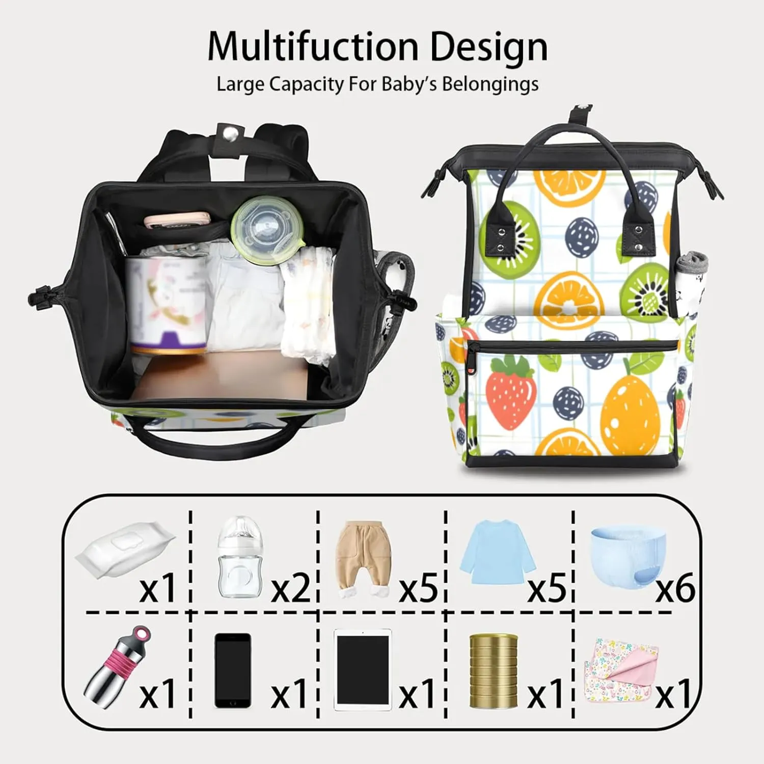 Tavisto Checkered Fruits Double Shoulder Mommy Bag for Women, Polyester Large Capacity Diaper Backpack with Multi Pockets, Waterproof Adjustable Straps Diaper Bag for Moms Dads, 11''×7''×15.7''